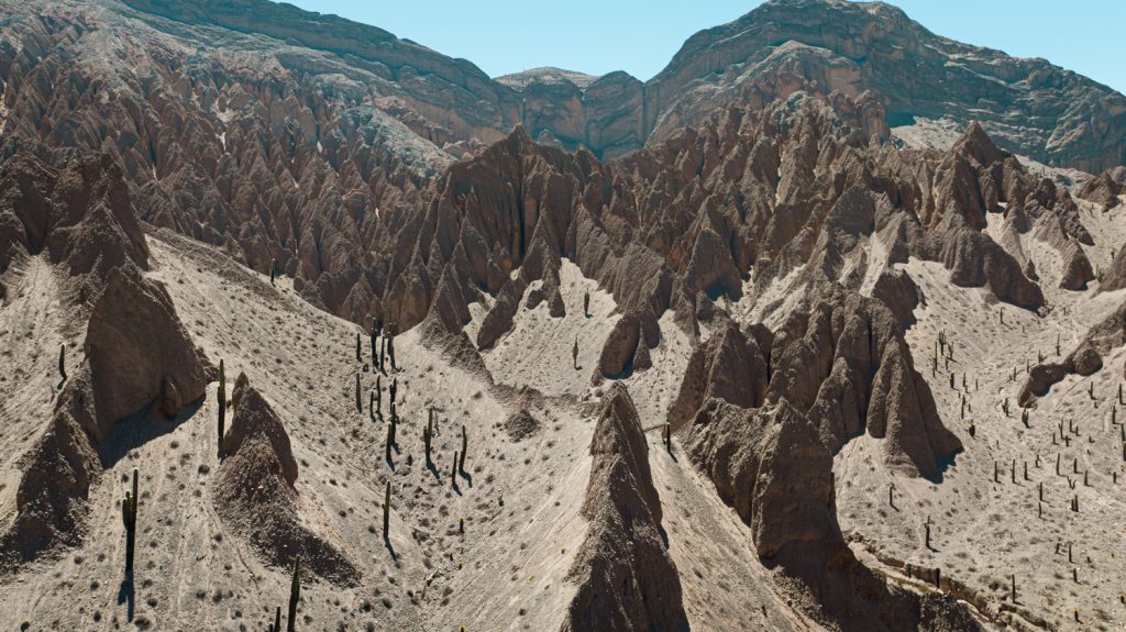 Vue aérienne de formations rocheuses en pics et de cactus dans une vallée aride